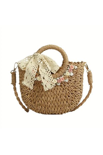 ELİŞİ MODA Handmade Bag, Flower Decorated Bag, Hand Knitted Straw Bag, Gift Daily Shoulder Bag with Strap