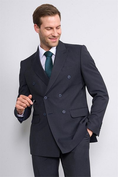Mentality 9132 Men's Swallow Collar Slim Fit Double Breasted Suit Navy Blue