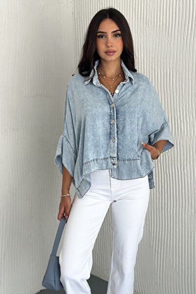 FEMELLE Dámská modrá standardní velikost džínové džínové pončo košile