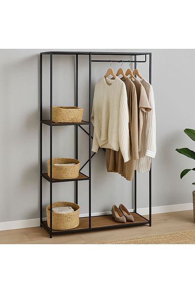 H&S collection Rafturi pentru dulap – 90x40x166,5 cm | Cadru metalic negru și blaturi din MDF | Colecția H&S