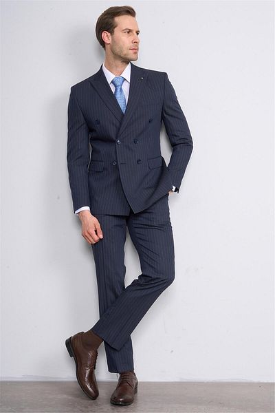 ATLIHAN Kagi Navy Blue Men's Cotton Polyester Sorento Double Breasted Suit