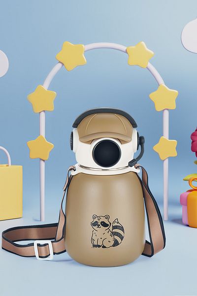 NESS HOME Thermos Water Bottle with Straw and Gamer Headphones 500 ml Stainless Steel Inside, Bottle with Straw and Hanger