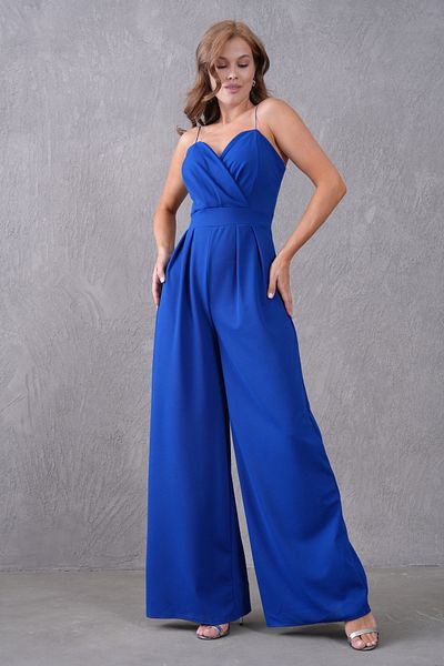 bayansepeti Saks Blue Crepe Fabric Double Breasted Collar Wide Leg Detail Thin Strap Women's Jumpsuit 582101