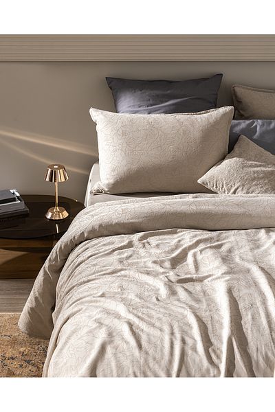 Madame Coco Maena Double 100% Cotton Printed Piece Dye Duvet Cover Set - Beige