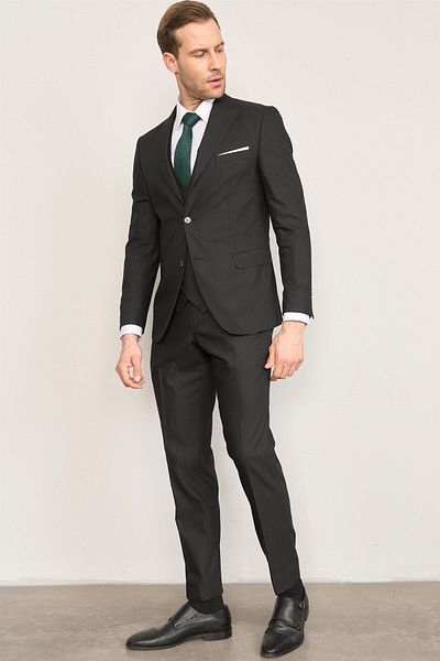 DURAK Risser Bolu Black Polyviscon Men's Suit with Vest
