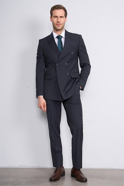 Mentality 9132 Men's Swallow Collar Slim Fit Double Breasted Suit Navy Blue