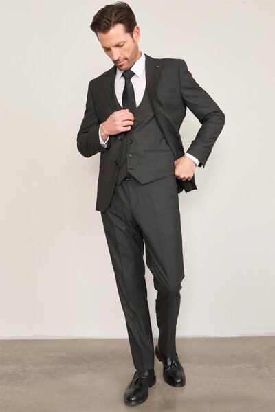 ATLIHAN Kagi Siyah Erkek Pamuk Polyester Modena Yelekli Takım