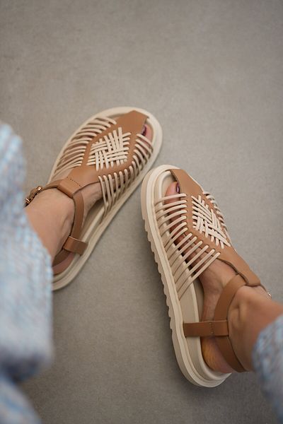 selinshoes Wolly Stripe Detailed Ankle Strap Genuine Leather Women's Sandals - Ecru