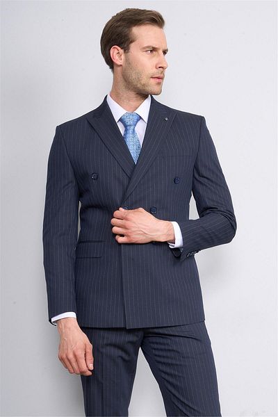 ATLIHAN Kagi Navy Blue Men's Cotton Polyester Sorento Double Breasted Suit