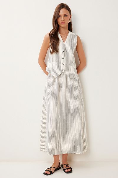 Lovelyİstanbul Striped Linen Skirt Vest Suit Bone Black Lgp0011