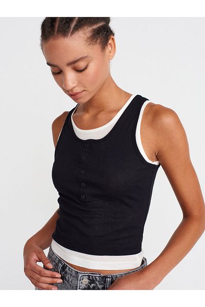 Dilvin 21102 Double Layer Button Top-Black