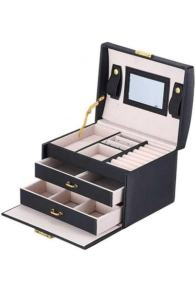 Lumely 3 Layer Portable Jewelry Organizer Box,Three-layer Design Double Drawers,With Lock,Waterproof