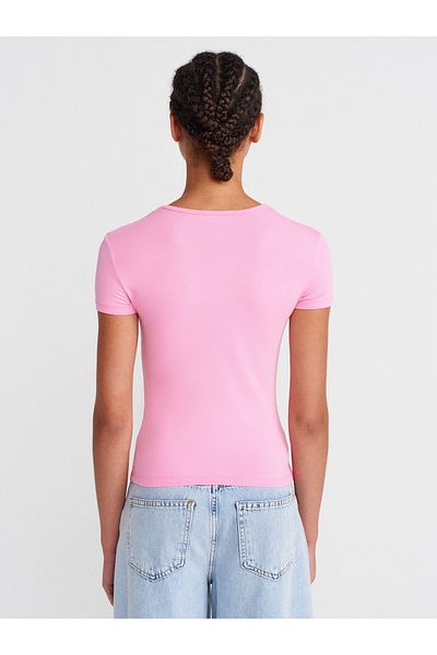Dilvin 31906 Body Fitting Short Sleeve T-Shirt-Pink