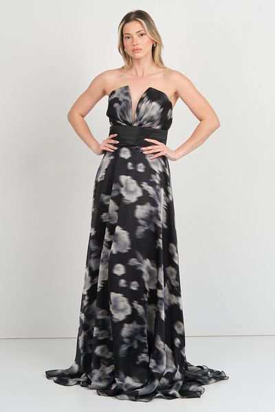 Maxra Govana Women's Strapless Chiffon Patterned Maxi Evening Dress 7099 Black