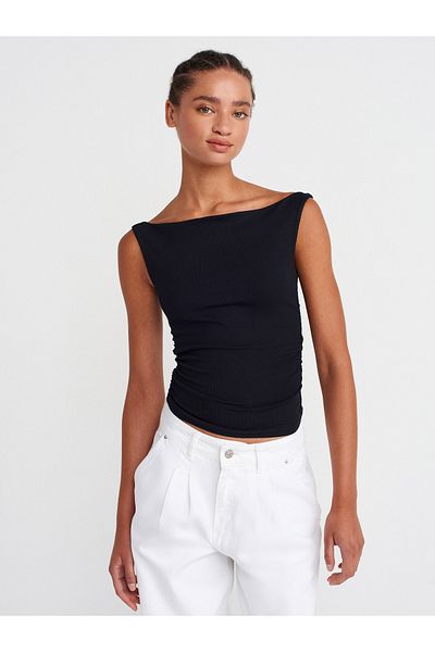 Dilvin 31862 Gathered Off-The-Shoulder Top-Black