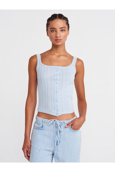Dilvin 21068 Button Square Neck Top-Light Blue