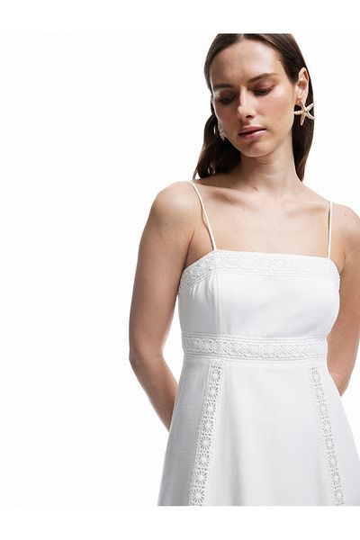 Koton X Melis Ağazat - Loose Fit Cotton Lined Scalloped Brocade Square Neck Long Strap Dress