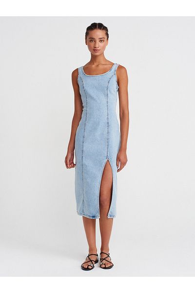 Dilvin 90565 Rochie din denim cu fantă adâncă în față-albastru