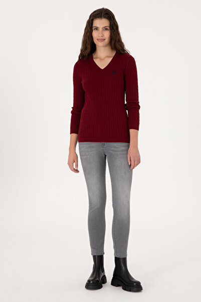 U.S. Polo Assn. Kadın Bordo V Yaka Basic Kazak 50313625-VR014