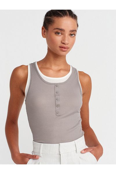 Dilvin 21102 Double Layer Button Top-Gray