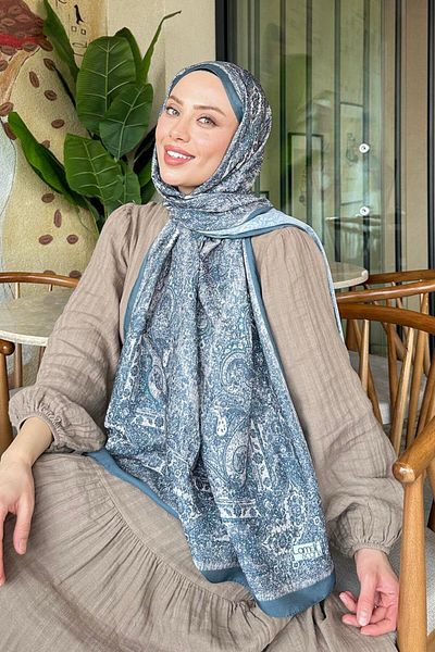 lamelif Retro Pattern Soft Shawl Çağla Leaf Green