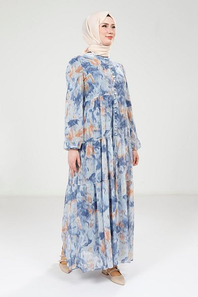 Beyza Printed Buttoned Blue Dress 9390