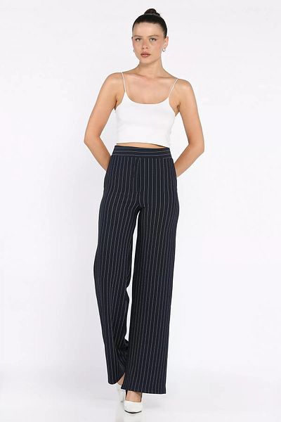 GÜLSELİ Navy Blue Stripe Patterned Wide Leg Women's Trousers