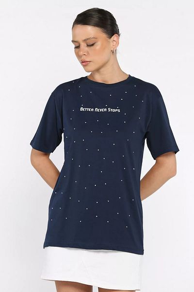 GÜLSELİ Navy Blue Women's Text Printed Stone Crew Neck T-Shirt