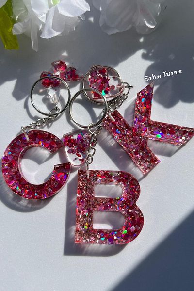 Sultan Tasarım Gold Foil Floral Glittery-Paillette Epoxy Letter - Number Keychains