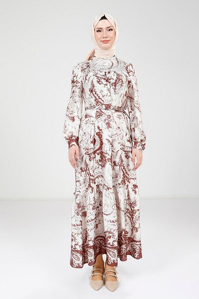 Beyza Printed Belted Brown Color Dress 9387
