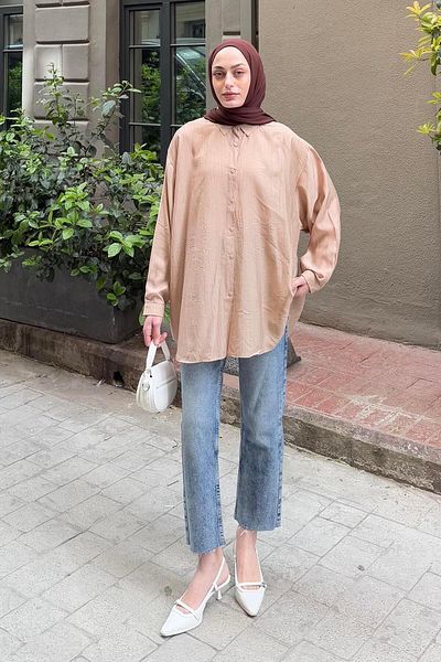 lamelif Siena Linen Hijab Shirt Sand Beige