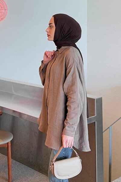 lamelif Πουκάμισο Muslin Hijab Μαλακό Καφέ