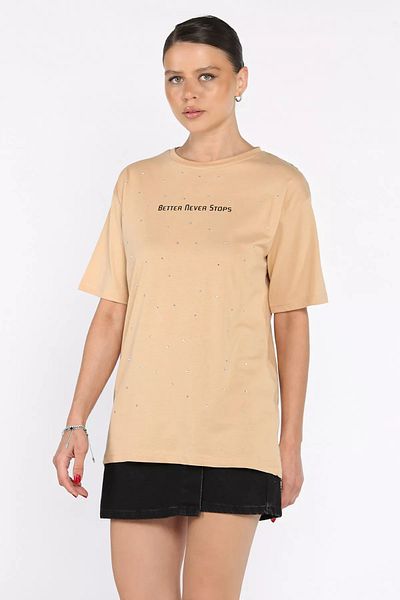 GÜLSELİ Tricou cu decolteu cu piatră imprimată cu text pentru femei Biscuit