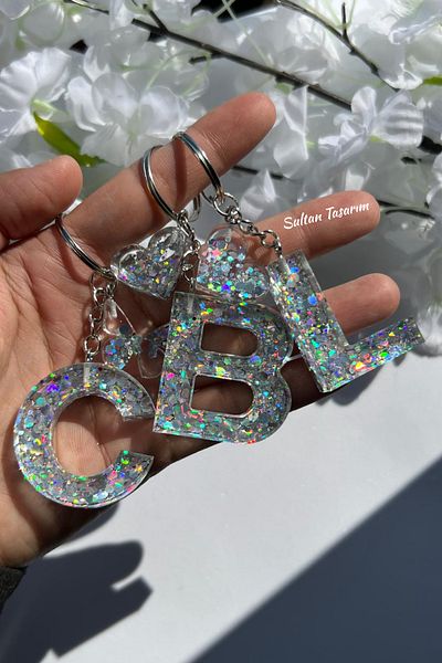 Sultan Tasarım Gold Foil Floral Glittery-Paillette Epoxy Letter - Number Keychains
