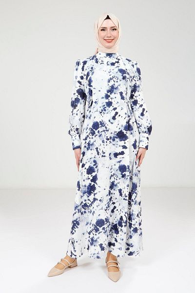 Beyza Mobile Belt Printed Navy Blue Dress 9385