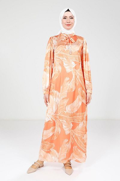 Beyza Printed Orange Dress with Neckline Belt Detail 9388