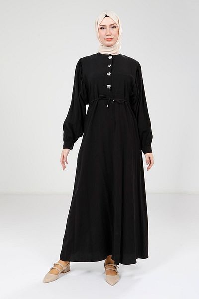 Beyza Μαύρο φόρεμα Modal με λεπτομέρεια με κουμπί 9174