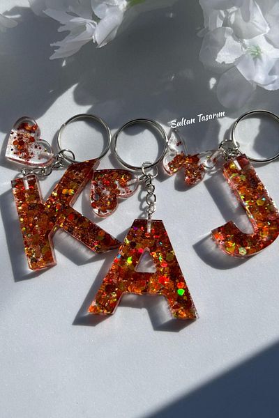 Sultan Tasarım Gold Foil Floral Glittery-Paillette Epoxy Letter - Number Keychains