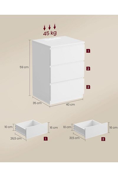 VASAGLE Noptiera Cu 3 Sertare, Din Pal, Cu 2 Prize Si 2 Porturi Usb, 40x35x59 Cm, Alb