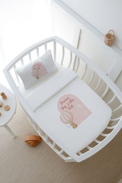 Tuğba Kuğu Pike Set - for Baby - Bear in a Pink Balloon - 80 X 120 cm