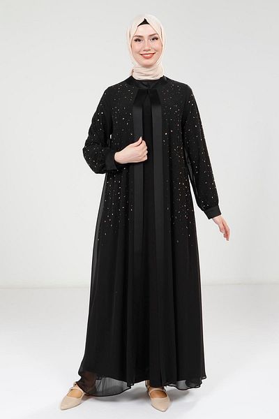 Beyza Σετ σιφόν μαύρο Abaya με πέτρινη λεπτομέρεια 9321