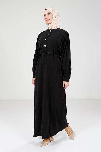 Beyza Μαύρο φόρεμα Modal με λεπτομέρεια με κουμπί 9174