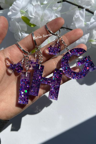 Sultan Tasarım Gold Foil Floral Glittery-Paillette Epoxy Letter - Number Keychains