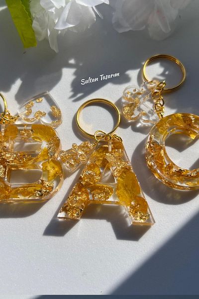 Sultan Tasarım Gold Foil Floral Glittery-Paillette Epoxy Letter - Number Keychains