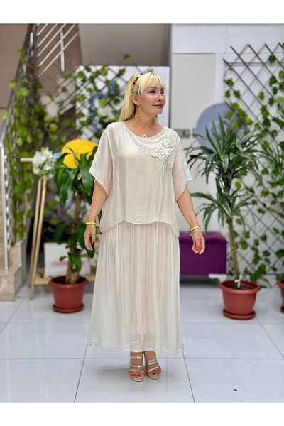 Punta Otantik Nc1025 Italian Chest Floral Silk Dress Cream