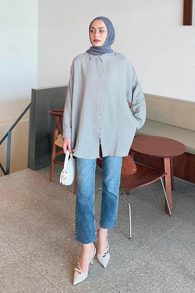 lamelif Muslin Hijab Shirt Gray