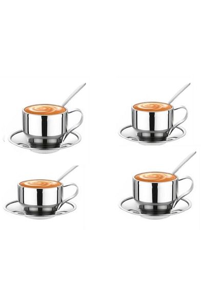 OEM Set of 4 stainless steel cups, saucers and spoons, 125 ml