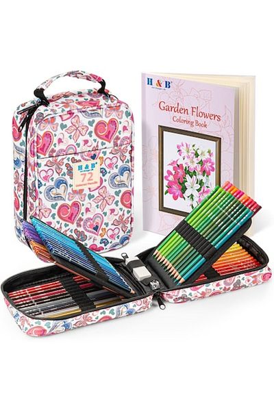 H&B Set de 72 Creioane Colorate Multicolor cu Mini-Servieta - Nuante Pastel Delicate, Solutie Portabila