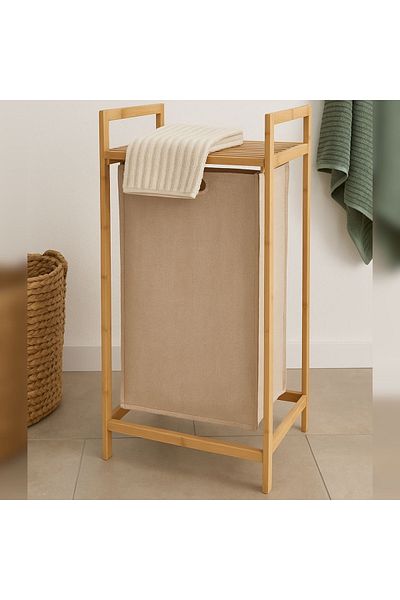 Gift Design Coș de rufe din bambus cu husă textilă – 33x33x73 cm – Soluții pentru baie