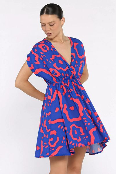GÜLSELİ Mini rochie de damă cu model Sax Blue, cu decolteu dublu și talie elastică